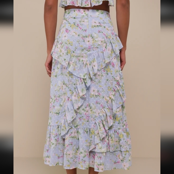 NWOT Lulus Easily Beloved Light Blue Floral Ruched Ruffled Top & Skirt Outfit - Picture 5 of 12